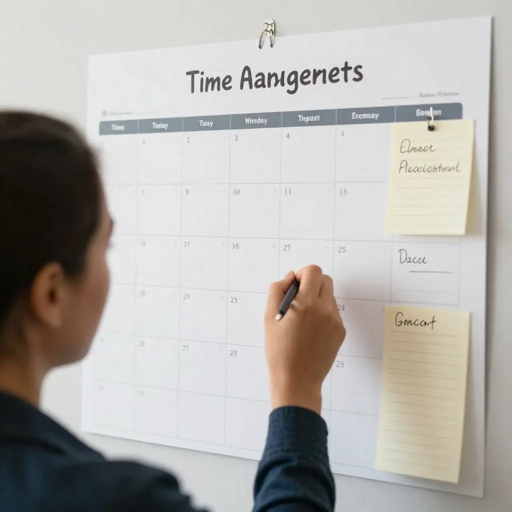 Professional time management planning session with calendar and notes